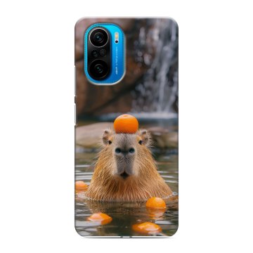 Силиконовый чехол на Xiaomi Poco F3 с принтом Капибара с апельсином