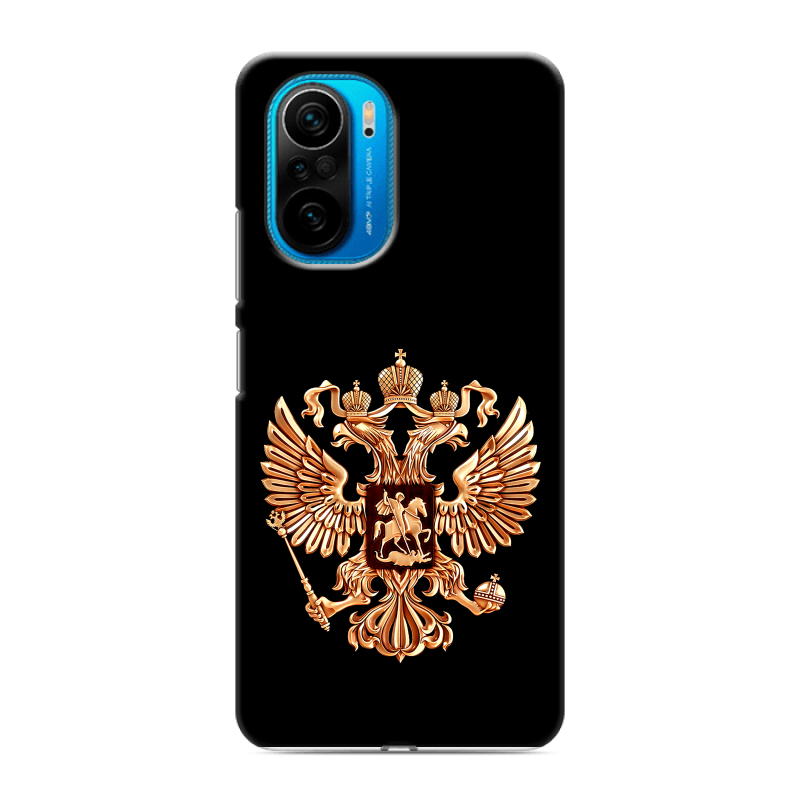 Силиконовый противоударный чехол на Xiaomi Poco F3 с принтом Герб России золотой Силиконовый противоударный чехол на Xiaomi Poco F3 с принтом Герб России золотой