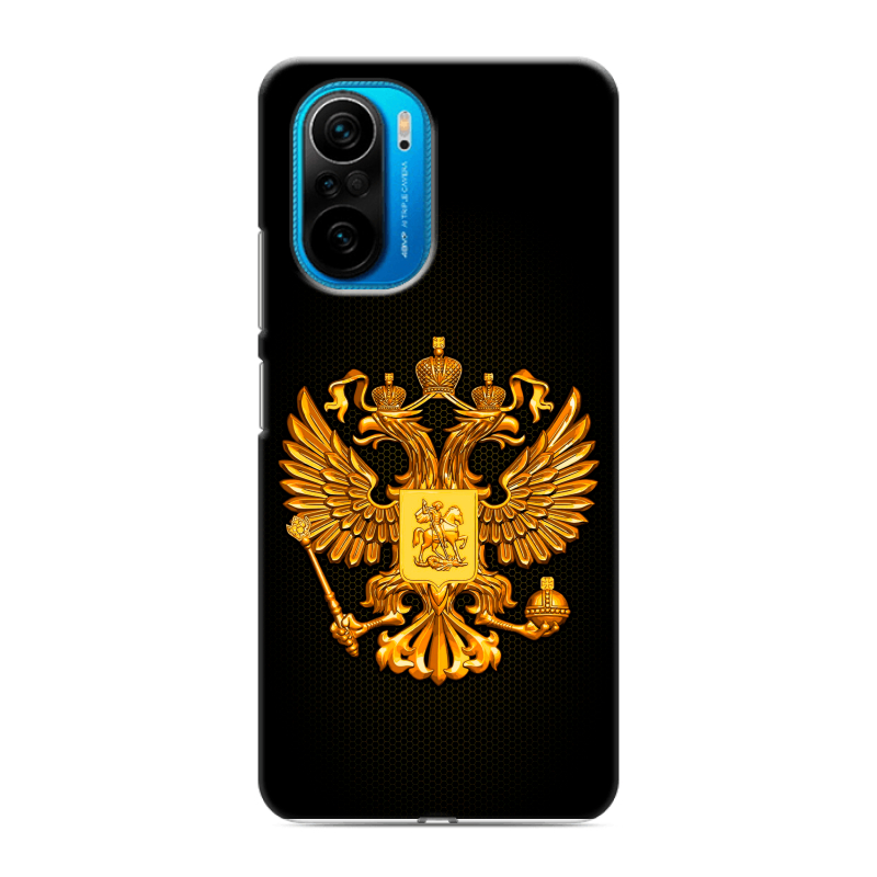 Силиконовый противоударный чехол на Xiaomi Poco F3 с принтом Герб России желтый Силиконовый противоударный чехол на Xiaomi Poco F3 с принтом Герб России желтый