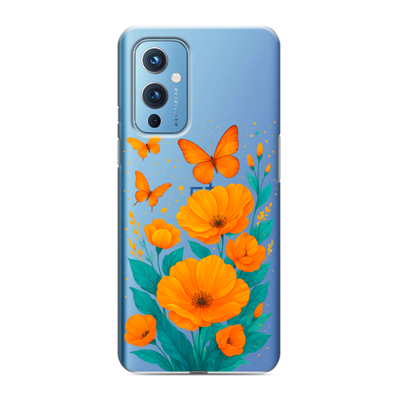 Силиконовый противоударный чехол на OnePlus 9 с принтом цветы бабочки Силиконовый противоударный чехол на OnePlus 9 с принтом цветы бабочки