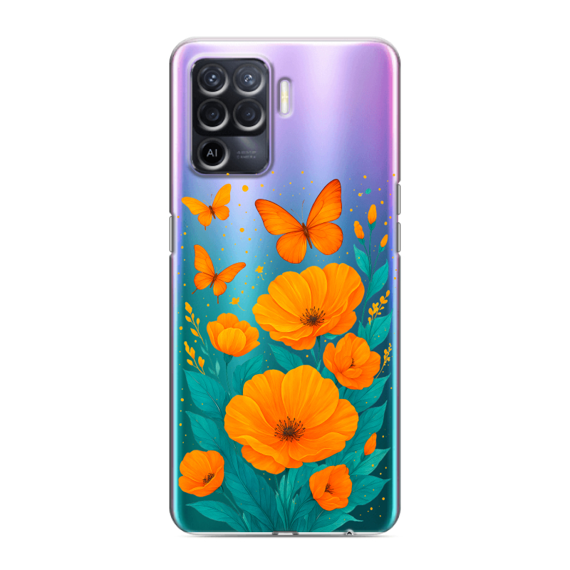 Силиконовый чехол на OPPO Reno5 Lite с принтом цветы бабочки Силиконовый чехол на OPPO Reno5 Lite с принтом цветы бабочки
