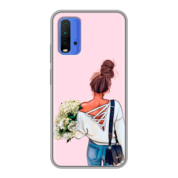 Силиконовый чехол на Xiaomi RedMi 9T с принтом Девушка и букет Силиконовый чехол на Xiaomi RedMi 9T с принтом Девушка и букет