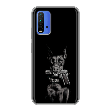 Силиконовый чехол на Xiaomi RedMi 9T с принтом Доберман и пистолет Силиконовый чехол на Xiaomi RedMi 9T с принтом Доберман и пистолет