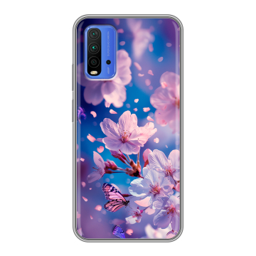 Силиконовый чехол на Xiaomi RedMi 9T с принтом цветы бабочки Силиконовый чехол на Xiaomi RedMi 9T с принтом цветы бабочки