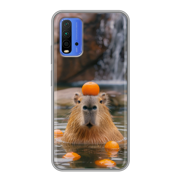 Силиконовый чехол на Xiaomi RedMi 9T с принтом Капибара с апельсином Силиконовый чехол на Xiaomi RedMi 9T с принтом Капибара с апельсином