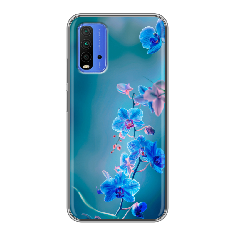 Силиконовый чехол на Xiaomi RedMi 9T с принтом Голубые цветы Силиконовый чехол на Xiaomi RedMi 9T с принтом Голубые цветы