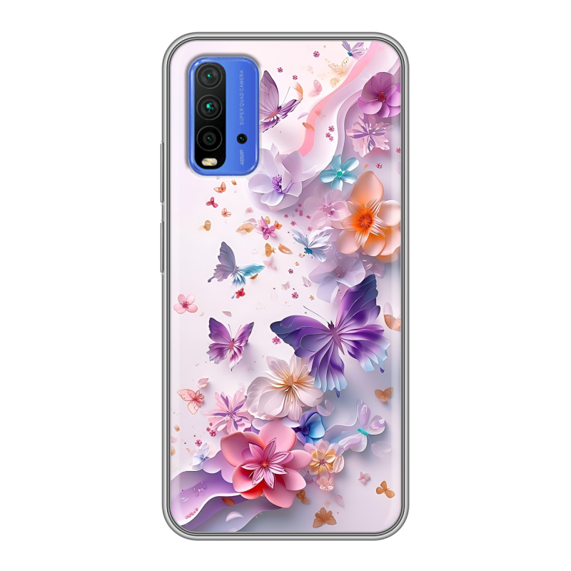 Силиконовый противоударный чехол на Xiaomi RedMi 9T с принтом цветы бабочки Силиконовый противоударный чехол на Xiaomi RedMi 9T с принтом цветы бабочки