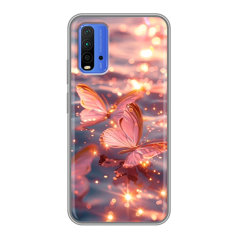 Силиконовый чехол на Xiaomi RedMi 9T с принтом бабочки розовые Силиконовый чехол на Xiaomi RedMi 9T с принтом бабочки розовые