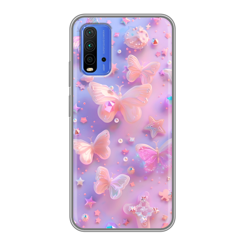 Силиконовый противоударный чехол на Xiaomi RedMi 9T с принтом Бабочки Силиконовый противоударный чехол на Xiaomi RedMi 9T с принтом Бабочки