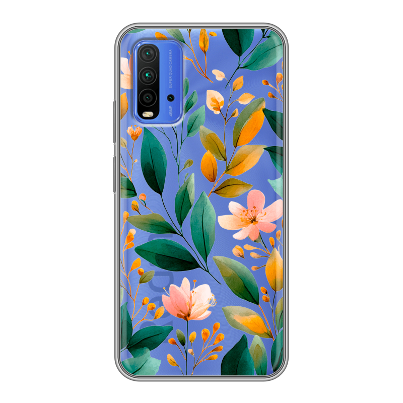 Силиконовый противоударный чехол на Xiaomi RedMi 9T с принтом Цветы паттерн Силиконовый противоударный чехол на Xiaomi RedMi 9T с принтом Цветы паттерн