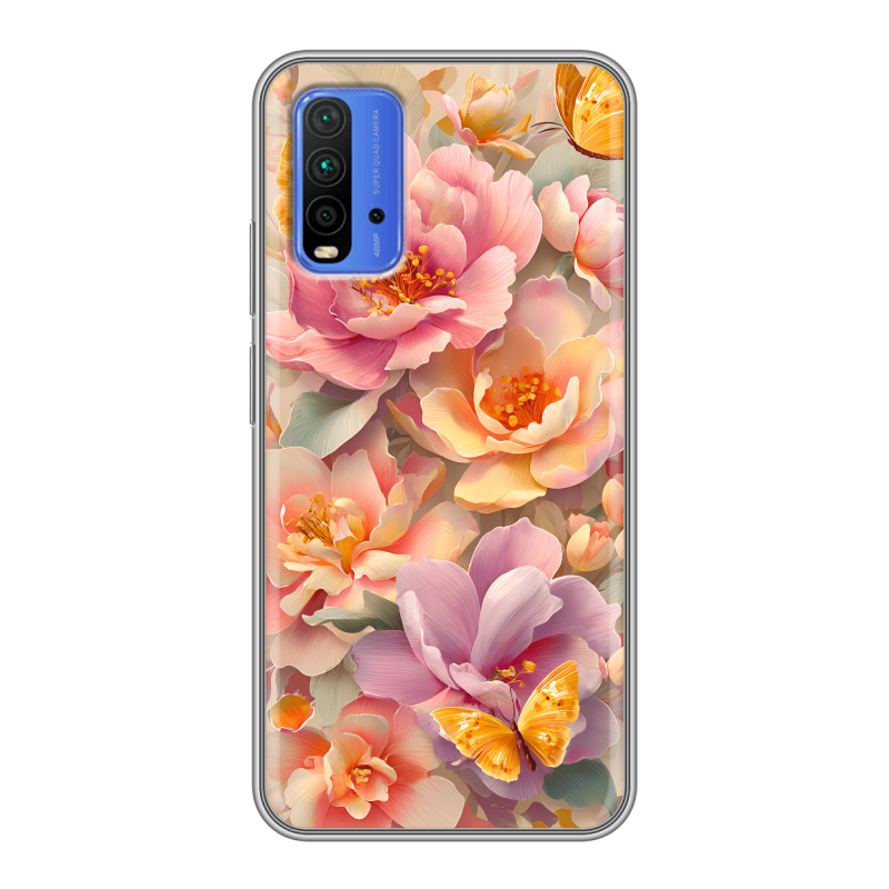 Силиконовый противоударный чехол на Xiaomi RedMi 9T с принтом Цветы и бабочки Силиконовый противоударный чехол на Xiaomi RedMi 9T с принтом Цветы и бабочки