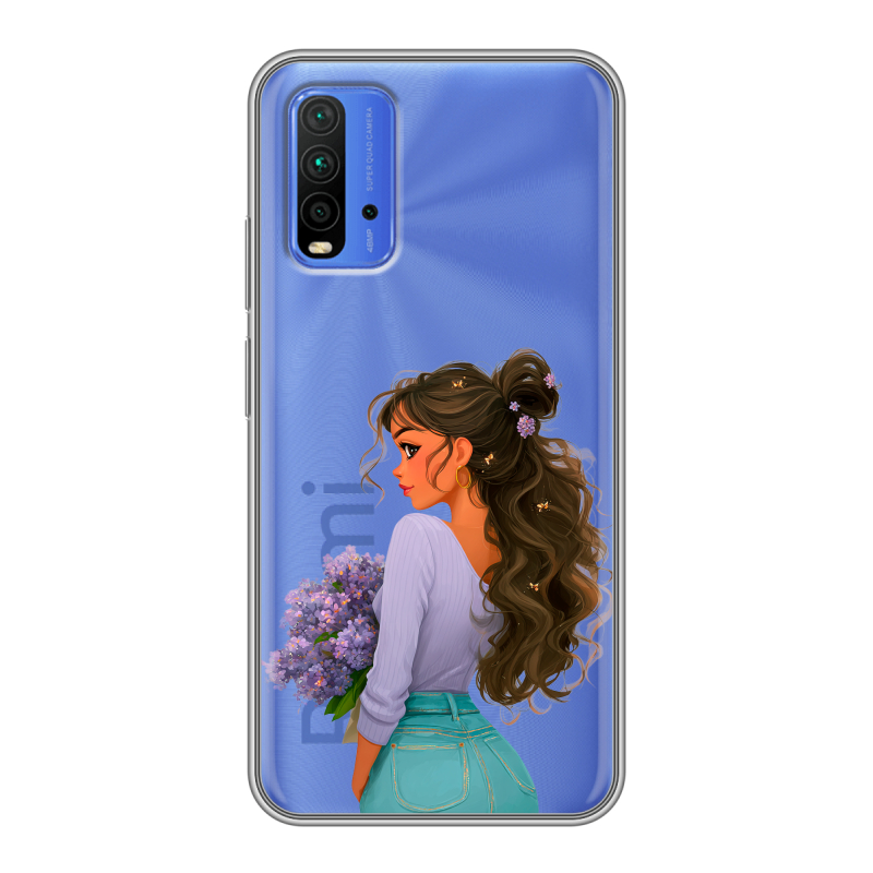Силиконовый противоударный чехол на Xiaomi RedMi 9T с принтом девушка цветы Силиконовый противоударный чехол на Xiaomi RedMi 9T с принтом девушка цветы
