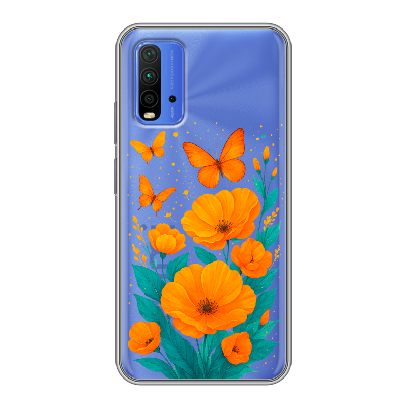 Силиконовый противоударный чехол на Xiaomi RedMi 9T с принтом цветы бабочки Силиконовый противоударный чехол на Xiaomi RedMi 9T с принтом цветы бабочки