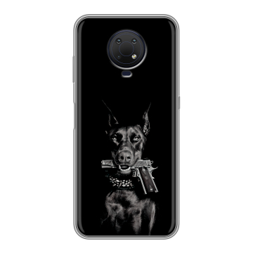 Силиконовый противоударный чехол на Nokia G10 с принтом Доберман и пистолет
