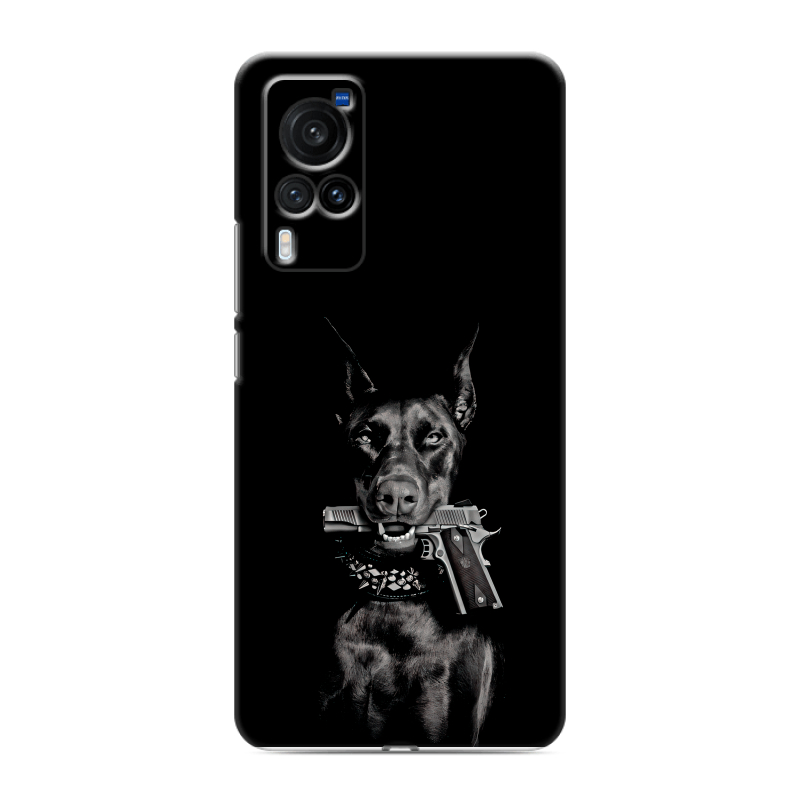 Силиконовый чехол на Vivo X60 Pro с принтом Доберман и пистолет Силиконовый чехол на Vivo X60 Pro с принтом Доберман и пистолет