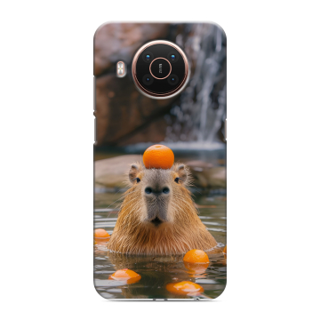 Силиконовый противоударный чехол на Nokia X20 с принтом Капибара с апельсином