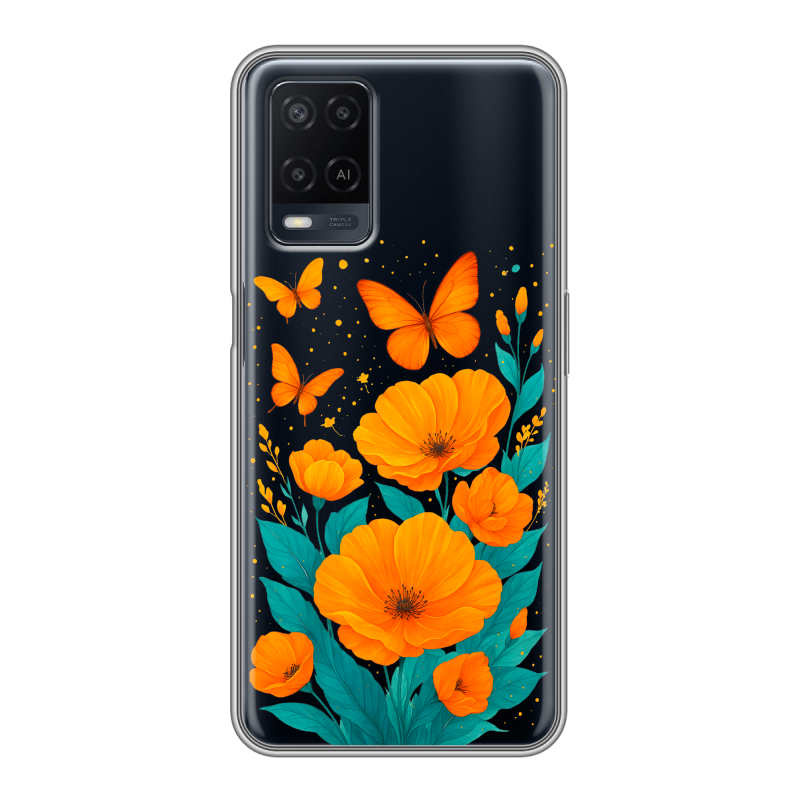 Силиконовый чехол на OPPO A54 с принтом цветы бабочки Силиконовый чехол на OPPO A54 с принтом цветы бабочки