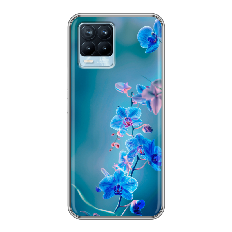 Силиконовый противоударный чехол на Realme 8 с принтом Голубые цветы Силиконовый противоударный чехол на Realme 8 с принтом Голубые цветы