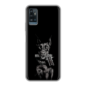 Силиконовый чехол на ZTE Blade A71 с принтом Доберман и пистолет Силиконовый чехол на ZTE Blade A71 с принтом Доберман и пистолет