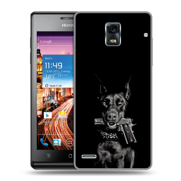 Пластиковый чехол на Huawei Ascend P1 с принтом Доберман и пистолет Пластиковый чехол на Huawei Ascend P1 с принтом Доберман и пистолет