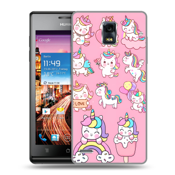 Пластиковый чехол на Huawei Ascend P1 с принтом Единороги и радуга