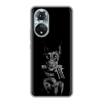 Силиконовый чехол на Huawei Honor 50 с принтом Доберман и пистолет Силиконовый чехол на Huawei Honor 50 с принтом Доберман и пистолет