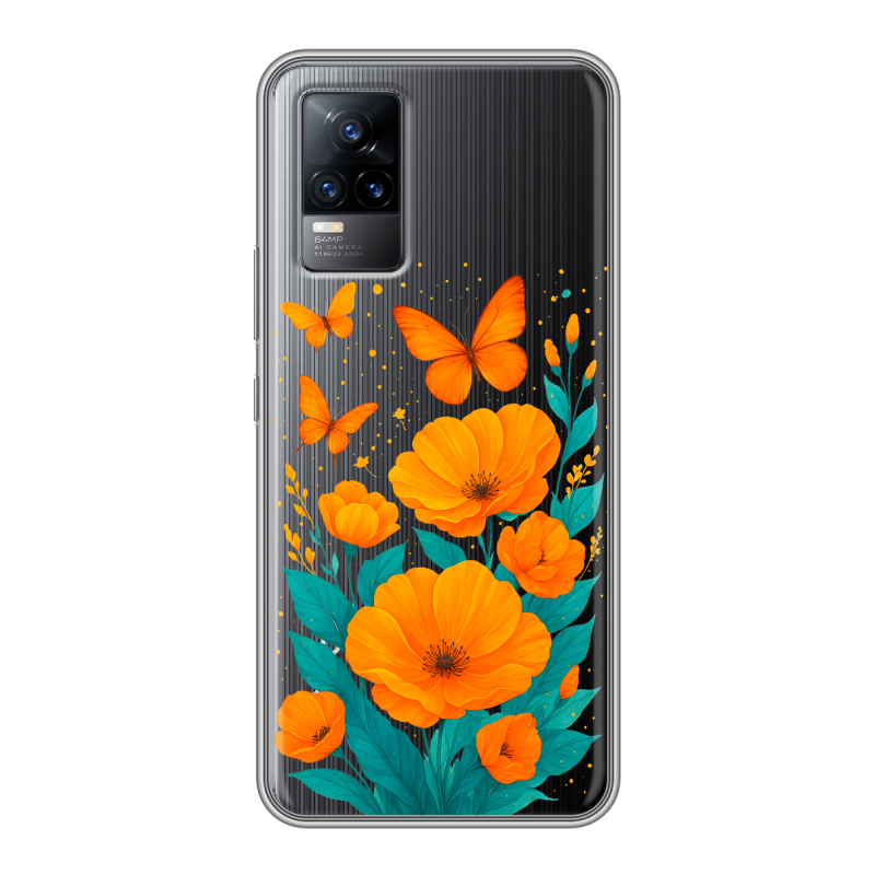 Силиконовый чехол на Vivo V21e с принтом цветы бабочки Силиконовый чехол на Vivo V21e с принтом цветы бабочки