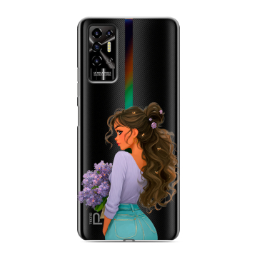Силиконовый противоударный чехол на Tecno Pova 2 с принтом девушка цветы