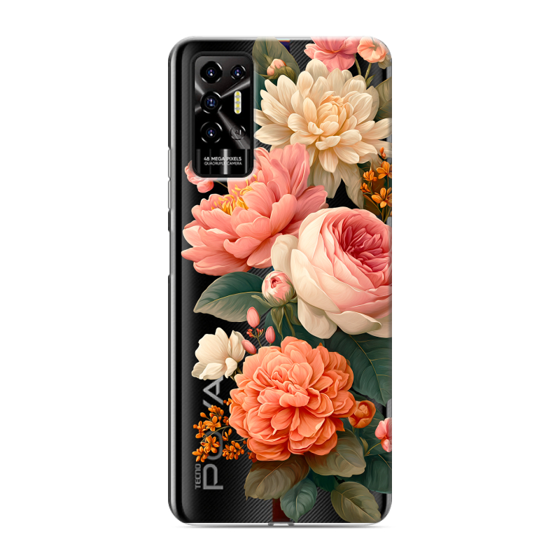 Силиконовый противоударный чехол на Tecno Pova 2 с принтом цветы Силиконовый противоударный чехол на Tecno Pova 2 с принтом цветы