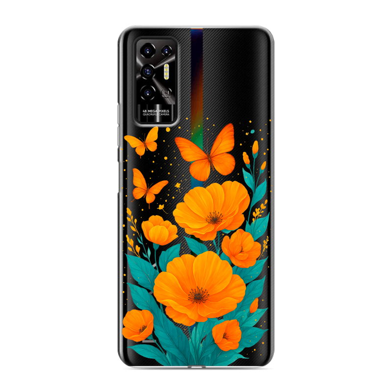 Силиконовый противоударный чехол на Tecno Pova 2 с принтом цветы бабочки Силиконовый противоударный чехол на Tecno Pova 2 с принтом цветы бабочки