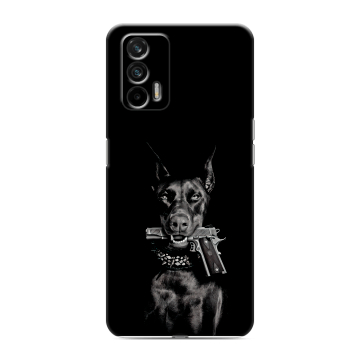 Силиконовый чехол на Realme GT с принтом Доберман и пистолет