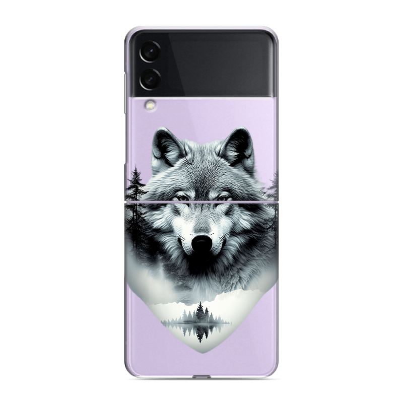 Пластиковый чехол на Samsung Galaxy Z Flip 3 с принтом Волк в лесу Пластиковый чехол на Samsung Galaxy Z Flip 3 с принтом Волк в лесу