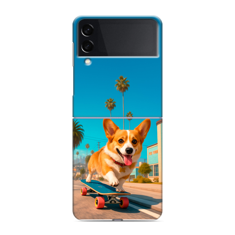 Пластиковый чехол на Samsung Galaxy Z Flip 3 с принтом Корги на скейте Пластиковый чехол на Samsung Galaxy Z Flip 3 с принтом Корги на скейте