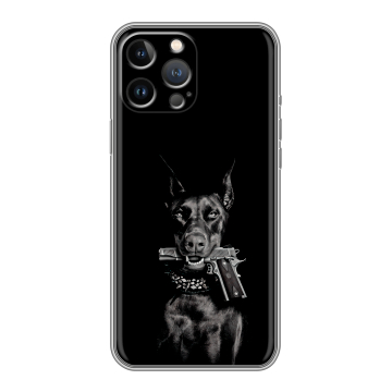 Силиконовый чехол на Iphone 13 Pro с принтом Доберман и пистолет