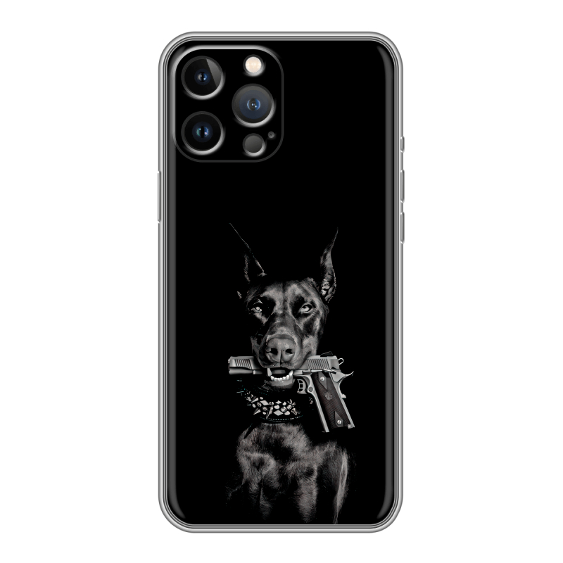 Силиконовый чехол на Iphone 13 Pro с принтом Доберман и пистолет Силиконовый чехол на Iphone 13 Pro с принтом Доберман и пистолет