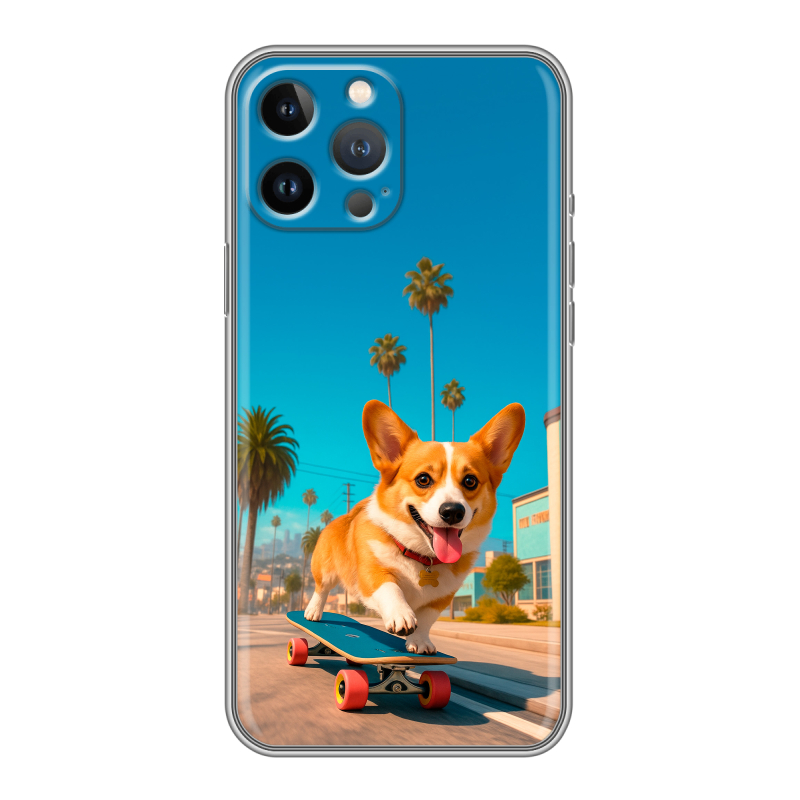 Силиконовый противоударный чехол на Iphone 13 Pro с принтом Корги на скейте Силиконовый противоударный чехол на Iphone 13 Pro с принтом Корги на скейте