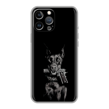 Силиконовый чехол на Iphone 13 Pro Max с принтом Доберман и пистолет