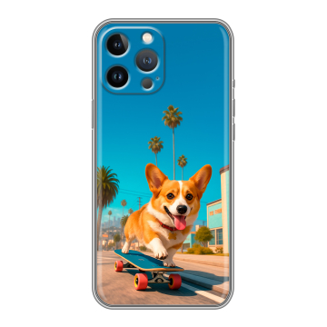 Силиконовый чехол на Iphone 13 Pro Max с принтом Корги на скейте Силиконовый чехол на Iphone 13 Pro Max с принтом Корги на скейте
