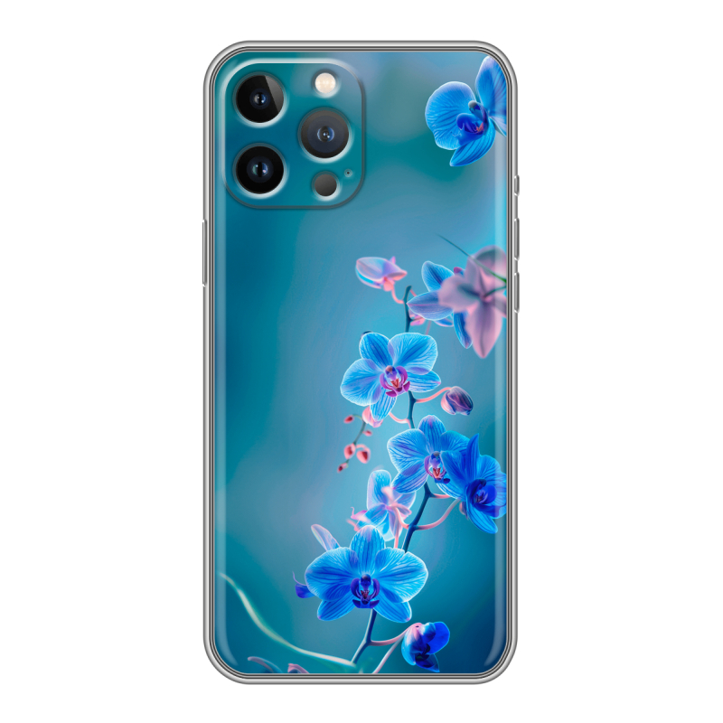 Силиконовый чехол на Iphone 13 Pro Max с принтом Голубые цветы Силиконовый чехол на Iphone 13 Pro Max с принтом Голубые цветы