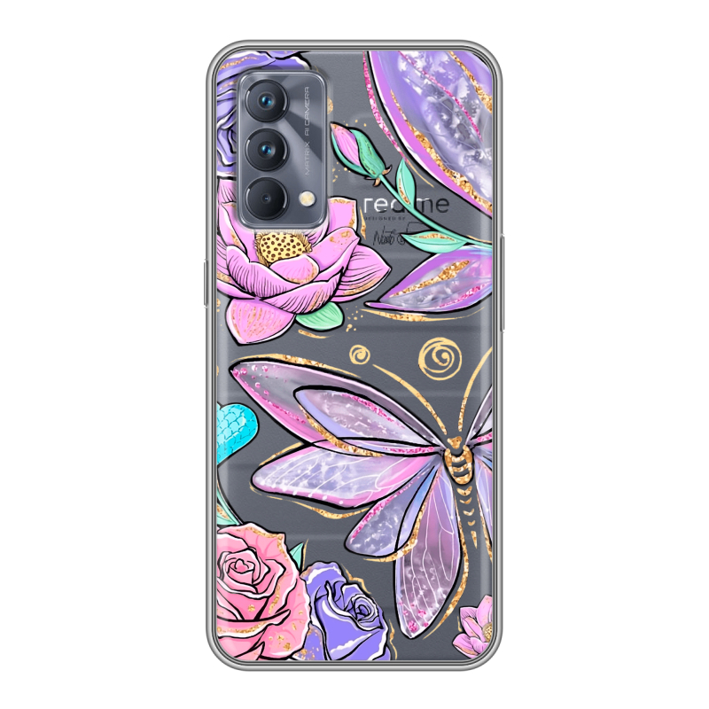 Силиконовый противоударный чехол на Realme GT Master Edition с принтом Бабочки и цветы Силиконовый противоударный чехол на Realme GT Master Edition с принтом Бабочки и цветы