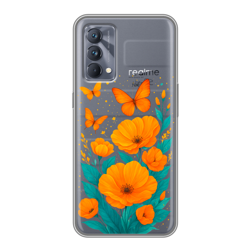 Силиконовый противоударный чехол на Realme GT Master Edition с принтом цветы бабочки Силиконовый противоударный чехол на Realme GT Master Edition с принтом цветы бабочки