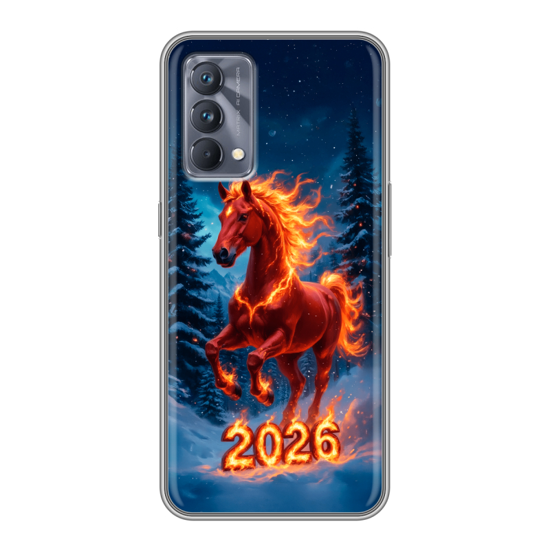 Силиконовый противоударный чехол на Realme GT Master Edition с принтом Новый год коня Силиконовый противоударный чехол на Realme GT Master Edition с принтом Новый год коня
