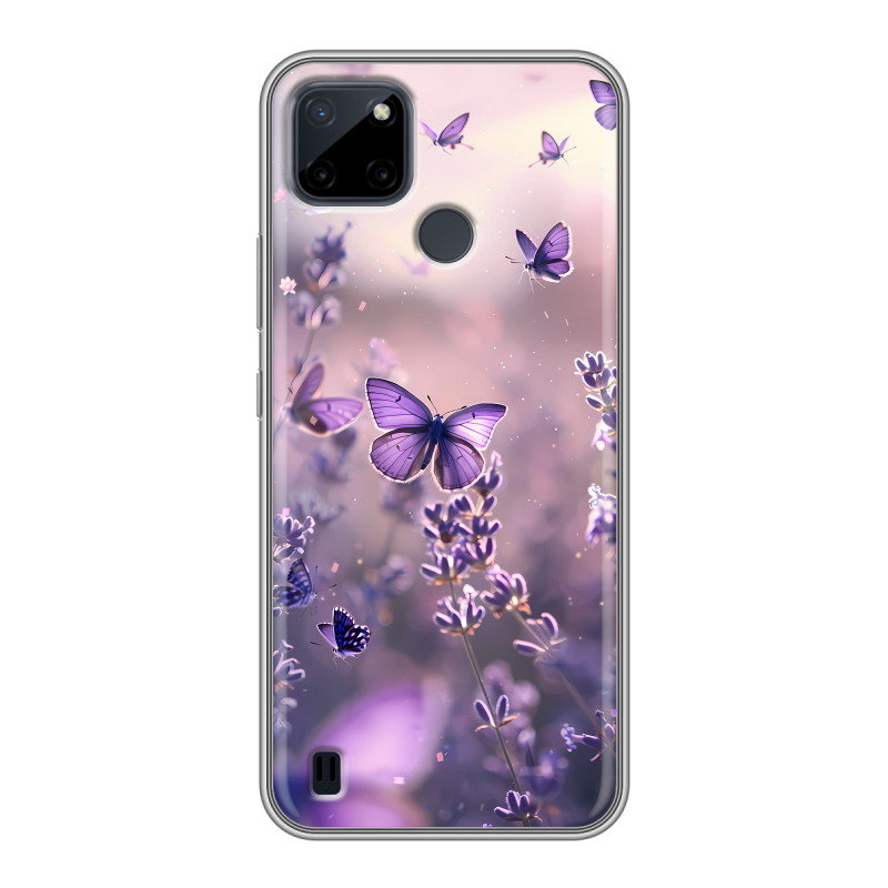 Силиконовый чехол на Realme C21Y с принтом бабочки и лаванда Силиконовый чехол на Realme C21Y с принтом бабочки и лаванда