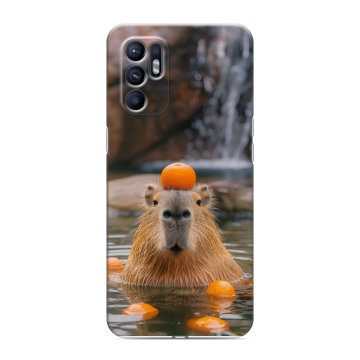Силиконовый чехол на OPPO Reno6 с принтом Капибара с апельсином