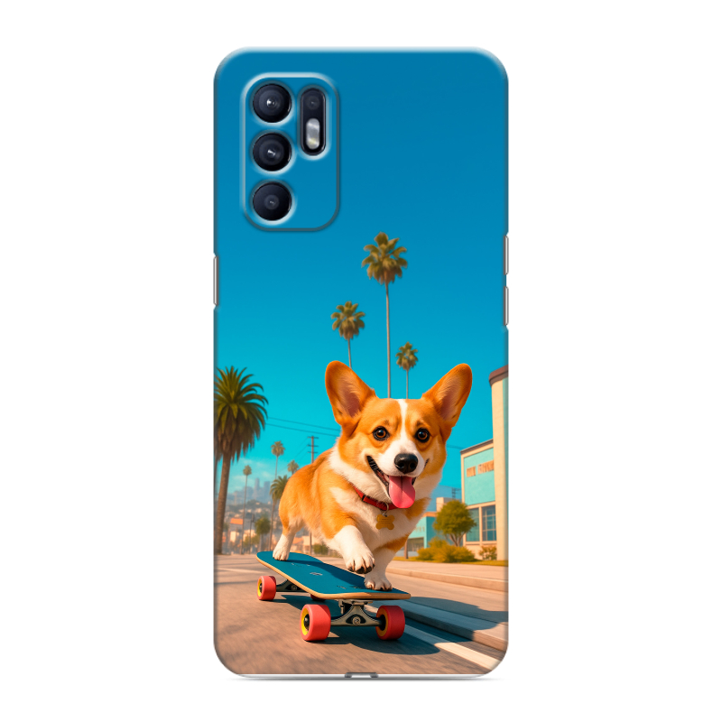 Силиконовый противоударный чехол на OPPO Reno6 с принтом Корги на скейте Силиконовый противоударный чехол на OPPO Reno6 с принтом Корги на скейте