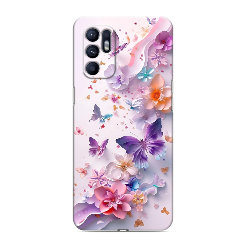 Силиконовый противоударный чехол на OPPO Reno6 с принтом цветы бабочки Силиконовый противоударный чехол на OPPO Reno6 с принтом цветы бабочки