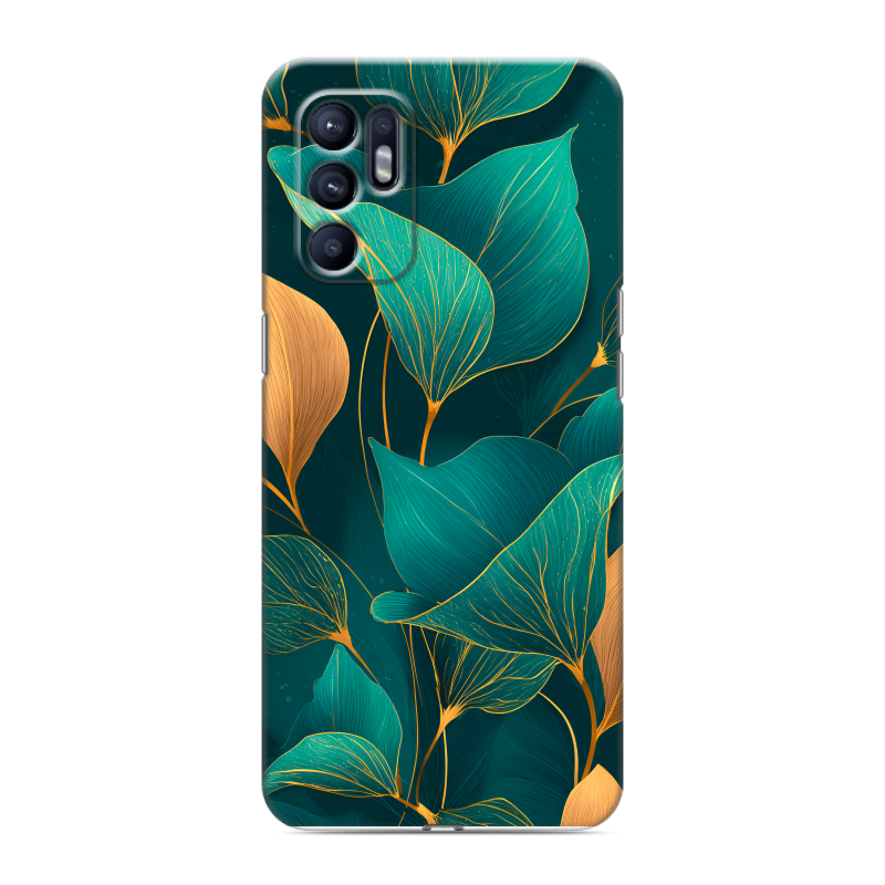 Силиконовый противоударный чехол на OPPO Reno6 с принтом Листья и золото Силиконовый противоударный чехол на OPPO Reno6 с принтом Листья и золото