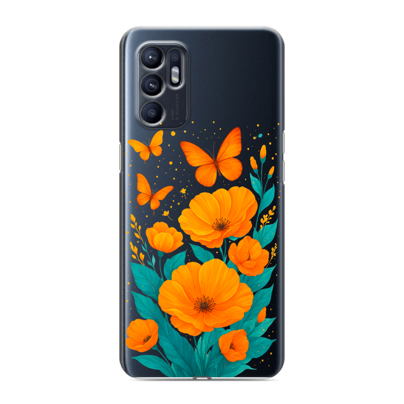 Силиконовый чехол на OPPO Reno6 с принтом цветы бабочки Силиконовый чехол на OPPO Reno6 с принтом цветы бабочки