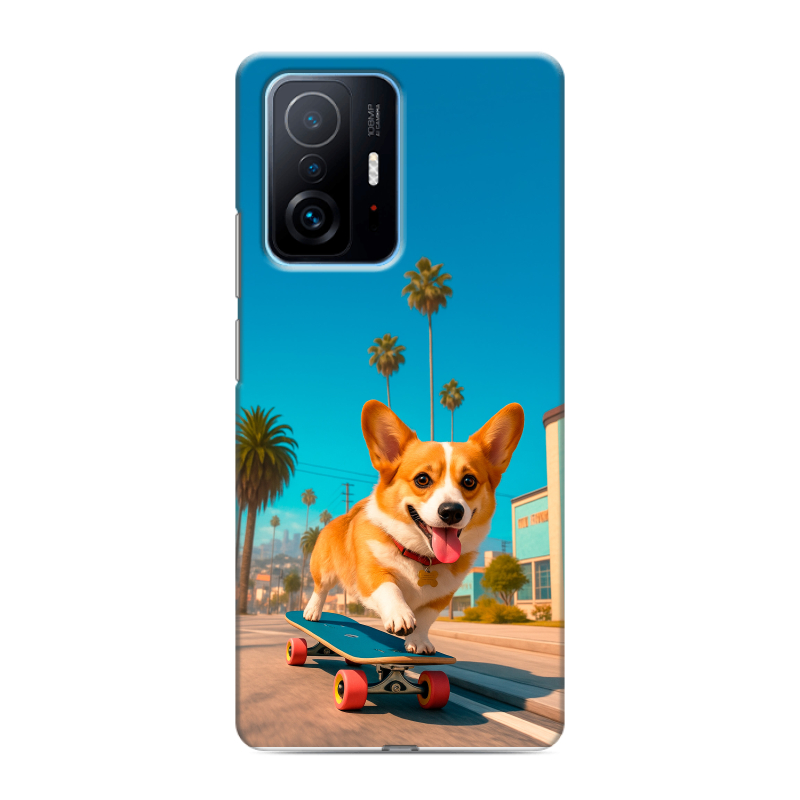 Пластиковый чехол на Xiaomi 11T с принтом Корги на скейте Пластиковый чехол на Xiaomi 11T с принтом Корги на скейте