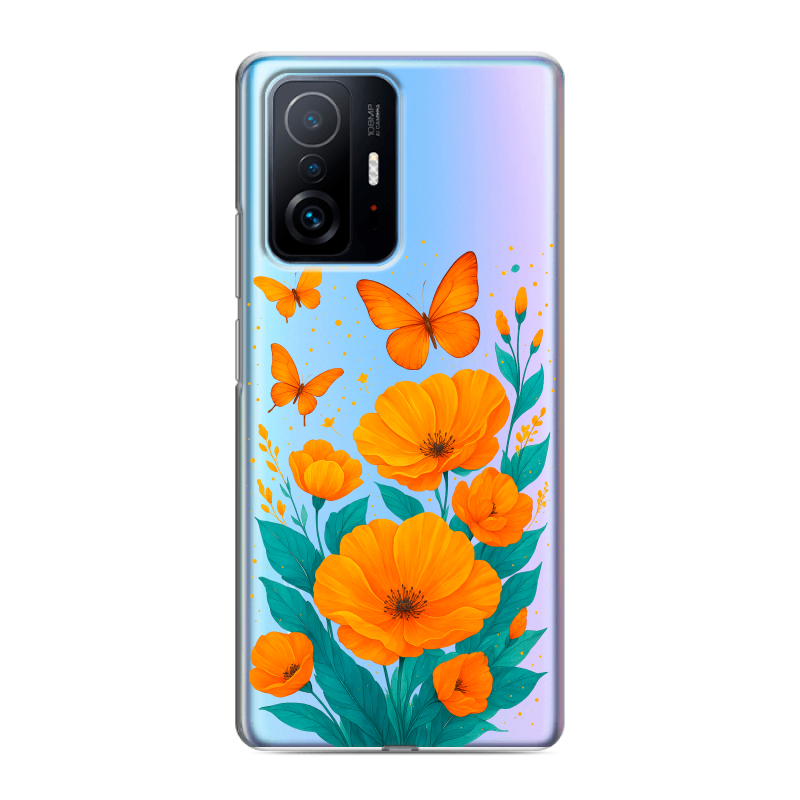 Силиконовый противоударный чехол на Xiaomi 11T с принтом цветы бабочки Силиконовый противоударный чехол на Xiaomi 11T с принтом цветы бабочки